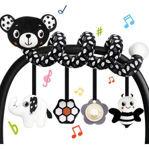 TSYAN Car Seat Toys for Babies 0-6 Months,Hanging Rattle Toys for Crib Mobile, Baby Spiral Hanging Stroller Black and White High Contrast Toys for Newborn 0 3 6 9 12 Months Baby Boys Girls (Bear)