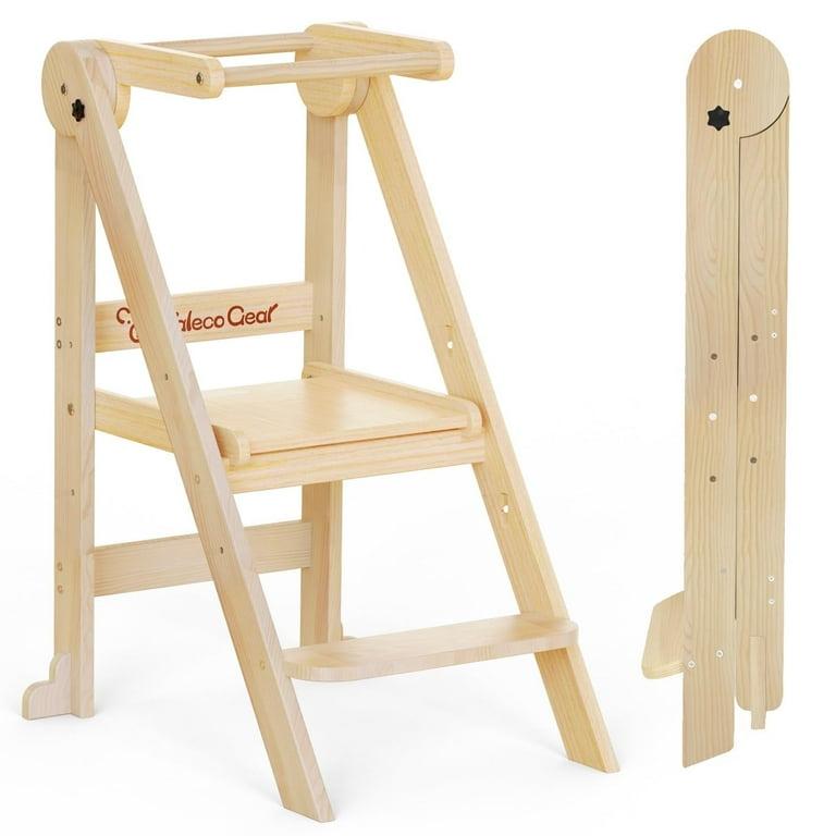 G TALECO GEAR Foldable Toddler Tower, Wooden Step Stool for Bathroom, Toddler Kitchen Stool Helper, 3 Adjustable Heights, Nature