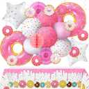 24 Pcs Donut Birthday Party Decorations - Theme Table Cover, 8 Paper Lanterns, Honeycomb Ball, 2 Paper Fans, 10 Hanging Swirls, 4 Balloons Garland for Baby Shower