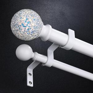 White Double Curtain Rods for Windows, 1 Inch Extra Long Dual Curtain Rod with Decorative Mosaic Colourful Glass Ball Finial, Adjustable Heavy Duty Drapery Rods for 72 to 144 Inch Windows