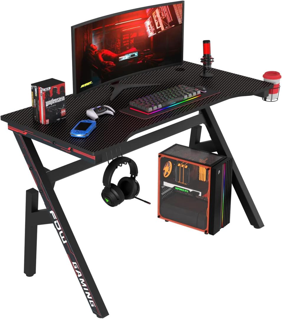 BestOffice Gaming Desk Computer Desk 47 Inch Home Office Desk Extra Large Modern Ergonomic Black PC Carbon Fiber Table Gamer Workstation with Cup Holder Headphone Hook (Red)