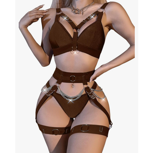 Lilosy Sexy Chain Strappy Garter Belt Women Lingerie Set Rave Outfits, Size L