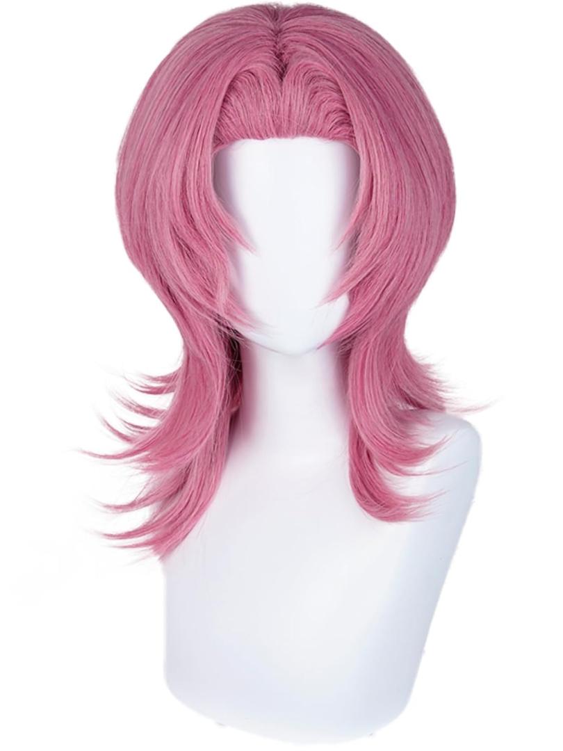 Pink Anime Cosplay Wig Dark Pink Spiky Layered Wigs 18.9'' Synthetic Hair for Men Halloween Party Daily Costumes