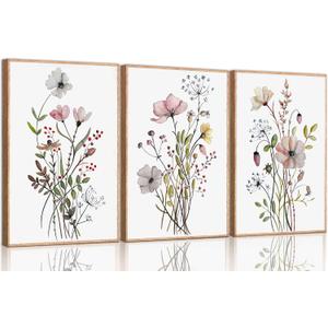 3Pcs Vintage Wildflower Canvas Wall art Country Farmhouse Watercolor Flower Botanical Painting Pictures Wall Decor Floral Poster Print Artwork for Bedroom Living Room Girls Room Decoration