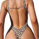 Sexy Backless Cheeky High Cut Leg Thong V Neck One Piece Swimsuit (Medium, Leopard)