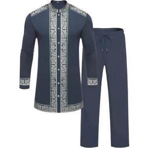 Mens African 2 Piece Set Nigerian Dashiki Metallic Traditional Suit Gold Stamp Printed Shirt and Pants Outfit (Blue, S)