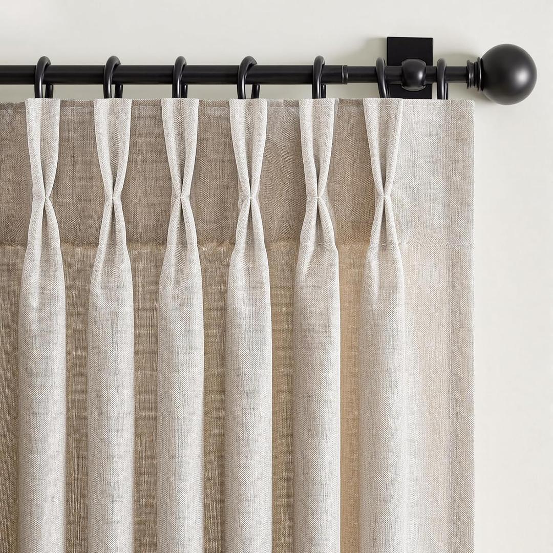 Natural Pinch Pleated Linen Curtains 92 Inches Long for Living Dining Room Bedroom Thick Linen Pinch Pleat with Hooks Rings Back Tab Light Filtering Boho Farmhouse Semi Sheer 92 Inch Curtain