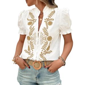 Women's Summer Tops 2025 Casual Ruffle V Neck Puff Short Sleeve Button Down Shirts Embroidered Blouses (X-Large, Apricot White)