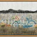 Floating Framed Canvas Wall Art, Vintage Blue Bicycle Flower Basket Wall Decor, Country Nature Landscape Wildflower Poster Print Paintings for Bathroom Living Room Bedroom Home Decor 12x16 inch