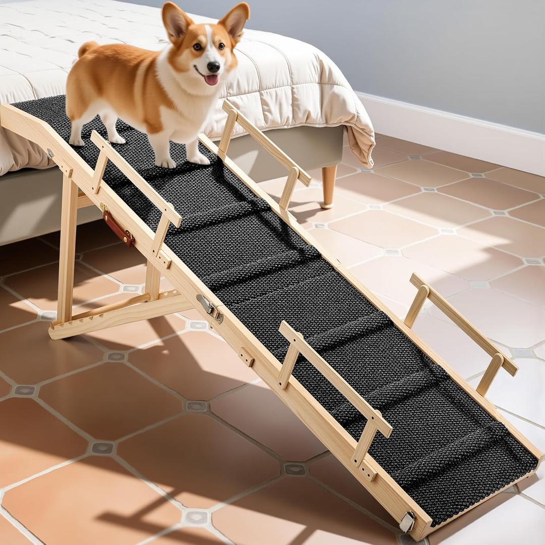 Dog Ramp for Bed with Rails, 64" Long Foldable Pet Ramp for Small Large Dogs, Dog Ramps for High Beds with Safety Side Railng, 6 Adjustable Heights 24" to 30" Up to 220LBS (Black, 64" X 17inch)