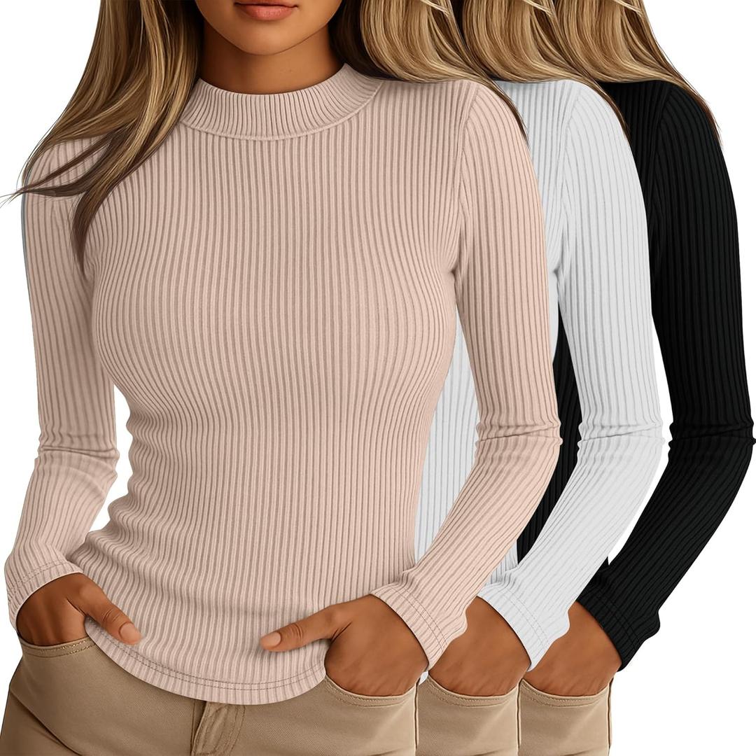 Riyiper 3 Pack Women's Ribbed Shirts, Mock Turtleneck Long Sleeve Tops Slim Fitted Undershirts Casual Basic Layering Tees (Medium, Black, White, Cream)