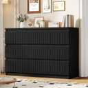 6 Drawer Dresser Black Modern Fluted Tall Wooden Chest Double Dresser for Bedroom, Living Room, Closet