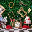 7x5ft Fabric Wonderland Enchanted Tea Party Photography Backdrop Kids Fairy Tale Green Grass Birthday Background Checkerboard Rabbit Photo Tapestry Props