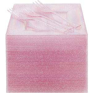 DaYammi 200 Pcs Pink Dessert Plates Including 100Pcs Appetizer plates 6'',100Pcs Plastic Forks 5.7'',Rose Glitter Plastic Square Plate for Wedding,Pink Cake plates and forks for Mother's Day Party