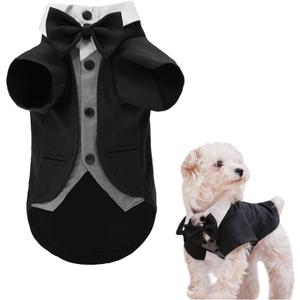 Dog Tuxedo Wedding Suit Shirt with Bow Tie, Formal Outfit Tux Attire for Puppy Small Medium Dogs Cats Costume (BW Suit, Small)