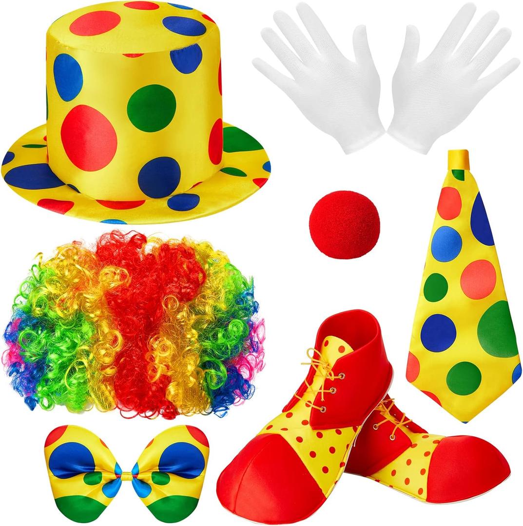 JaGely 7 Pcs Clown Costume Set Include Rainbow Wig Hat Clown Nose Bow Tie White Gloves Shoes Accessories Halloween Cosplay for Adults Parties Circus Carnivals Pretend Play