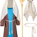 Kids Nativity Saint Joseph Robe Shepherd Costume Boys Halloween Cosplay Outfit Accessories Set (10-11 Years, Blue)