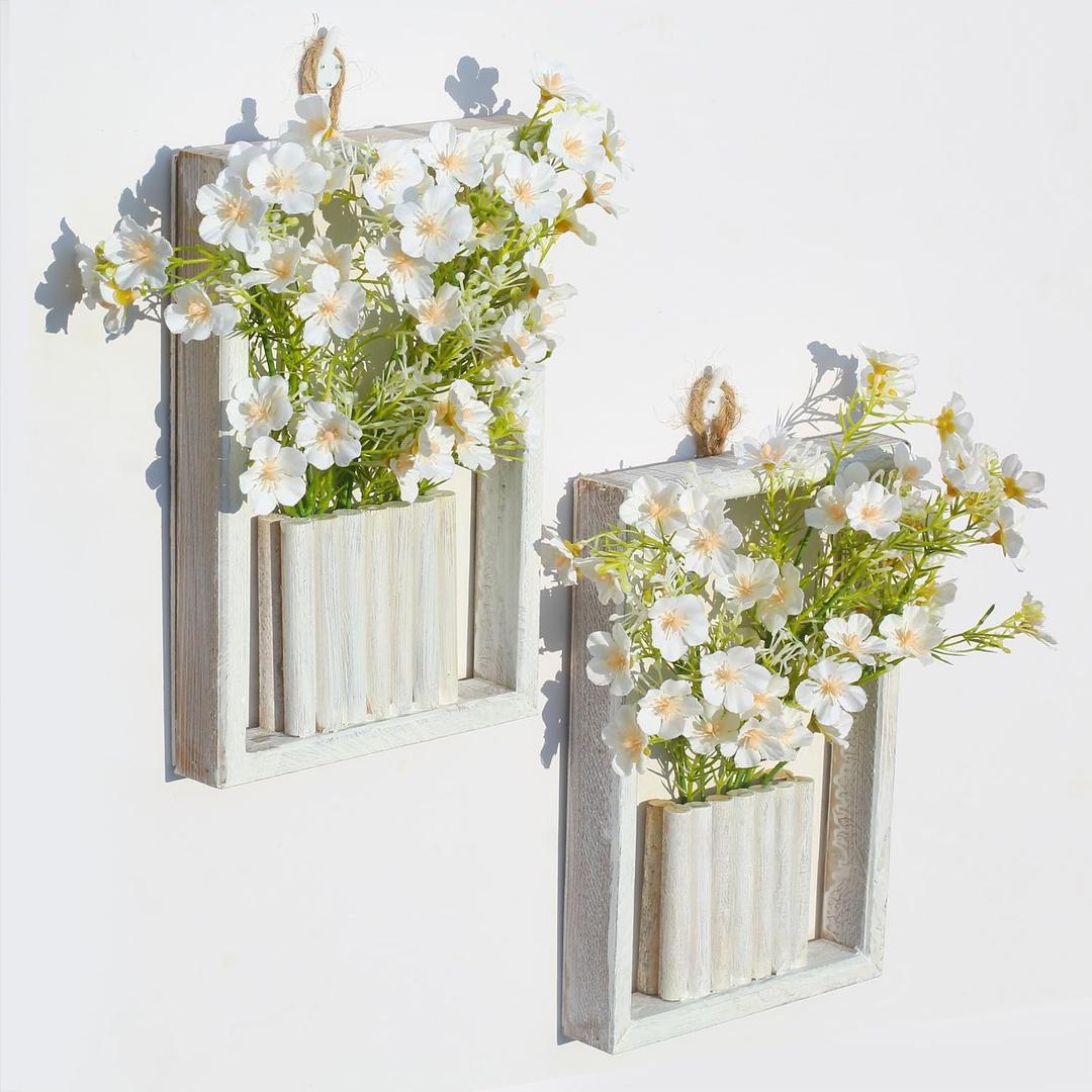 2 Pcs Artificial Flowers Wall Hanging Decor Australian Wintersweet 3D Decorative Painting Retro Vintage Wooden Frame Size: 9" x 6" (White)