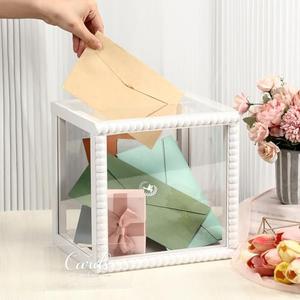 Menkxi Clear Wedding Card Box with Slot 10 x 10 x 8.5 Large Acrylic Card Box for Party Wooden Envelope Holder with Sign for Wedding Quinceanera Birthday Baby Shower Decorations(White,Wood Bead)