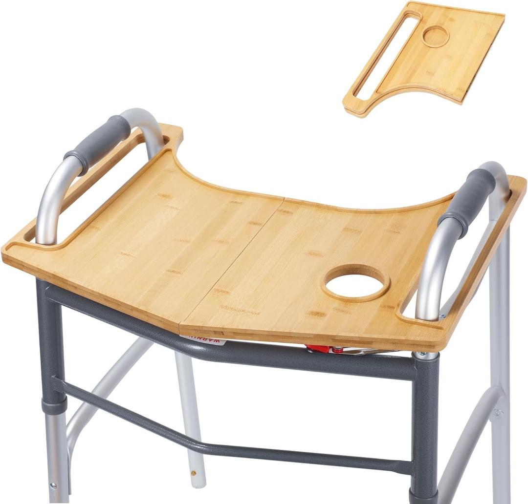 Walker Tray Table with Cup Holder - Multipurpose Bamboo Tray for Seniors, Crafts, Laptops - Walker Accessories (Bamboo Wood -Foldable-A)
