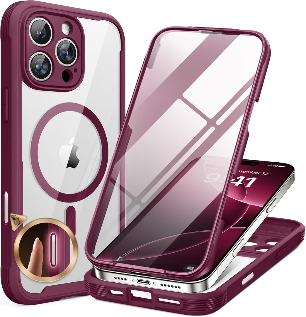 Miracase Magnetic for iPhone 16 Pro Case Full-Body Phone with Built-in Glass Screen Protector, [Compatible with MagSafe] Military Drop Proof 16 Pro Cover Bumper 6.3 inch, Plum