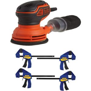 BLACK+DECKER Random Orbit Sander, 5-Inch with IRWIN QUICK-GRIP Clamps, One-Handed, Mini Bar, 6-Inch, 4-Pack (BDERO600 & 1964758)