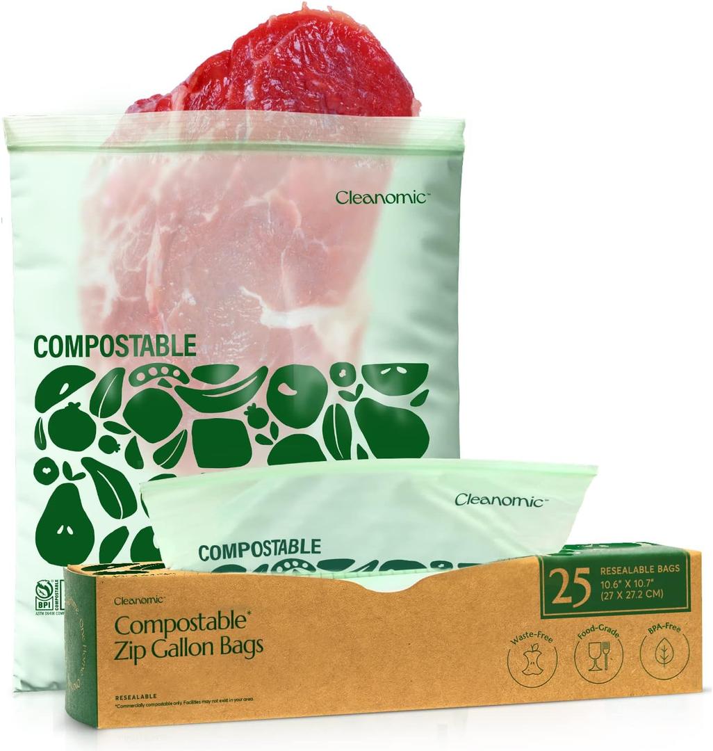 Cleanomic Compostable* Gallon Size Food Storage Bags (25 Eco Zip) Freezer and Leak Proof, Snack and Sandwich Bags