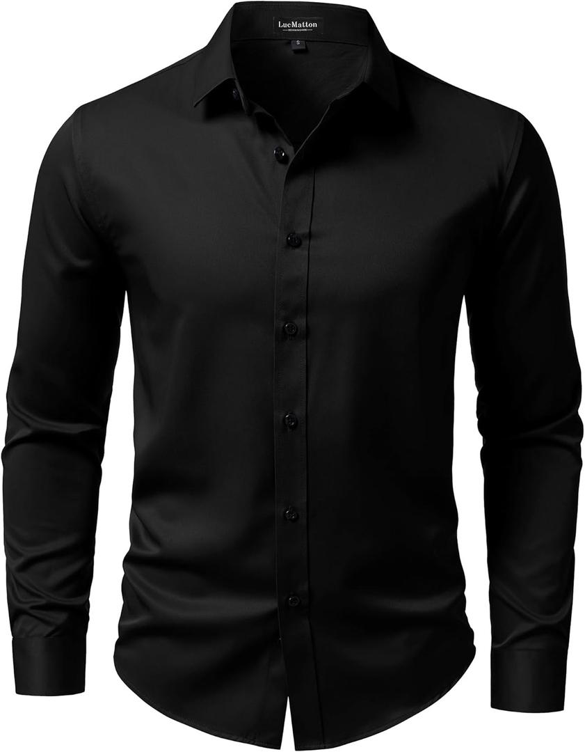 LucMatton Men's Long Sleeve Button Up Dress Shirt Modern Slim Fit Wrinkle-Free Wedding Formal Shirts, Size M