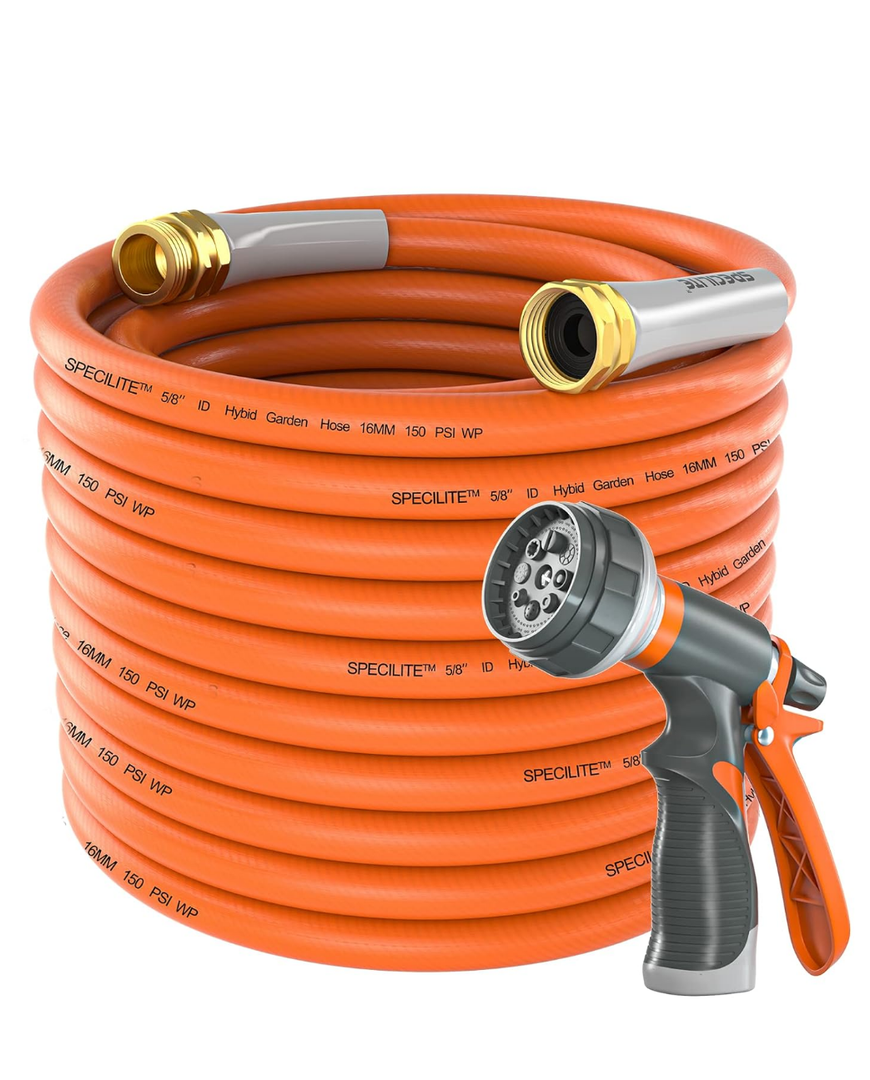 Garden Hose 50 ft x 5/8 in Heavy Duty, Flexible and Lightweight Water Hose, Burst 600 psi, Kink-less Hybrid Rubber Hose for Backyard, 3/4'' Brass Fittings