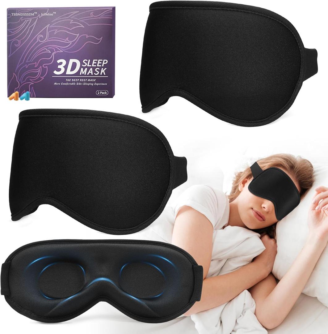3D Sleep Mask for Men Women 2 Pack, Blackout Eye Mask for Sleeping Eye Mask for Side Sleeper, Memory Foam Adjustable&Washable, Airplane Travel Essentials Couples Yoga Meditation Office Black & Black