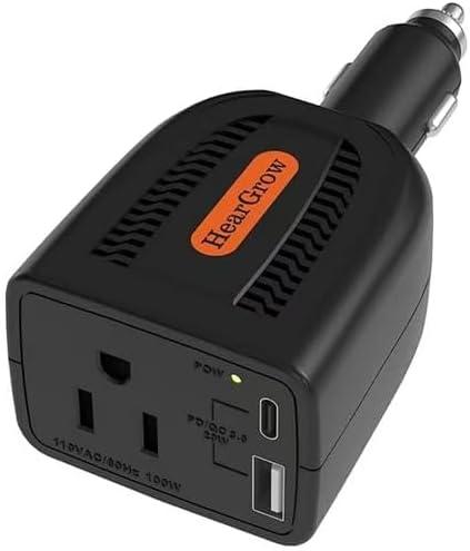 HearGrow100w Car Power Inverter, 12V DC to 110V AC Vehicles Converter with USB PortsPlug Adapter Outlet and Fast Charging PD3.0 Type-C for Phones, Pads, Laptops and Computer Charger