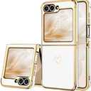 BENTOBEN for Samsung Galaxy Z Flip 6 5G Case, Cute Heart Luxury Gold Plating Slim Flexible TPU Bumper Protective Galaxy Z Flip6 Cover, Women Girls Phone Case for Samsung Z Flip 6 6.7'',White