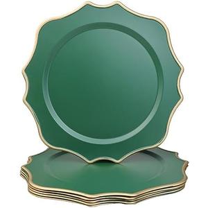 Omuriko Green Chargers for Dinner Plates, 13 Inch Scalloped Plastic Decorative Table Charger Service Plates Set of 6 for Wedding, Holiday, Thanksgivng, Christmas