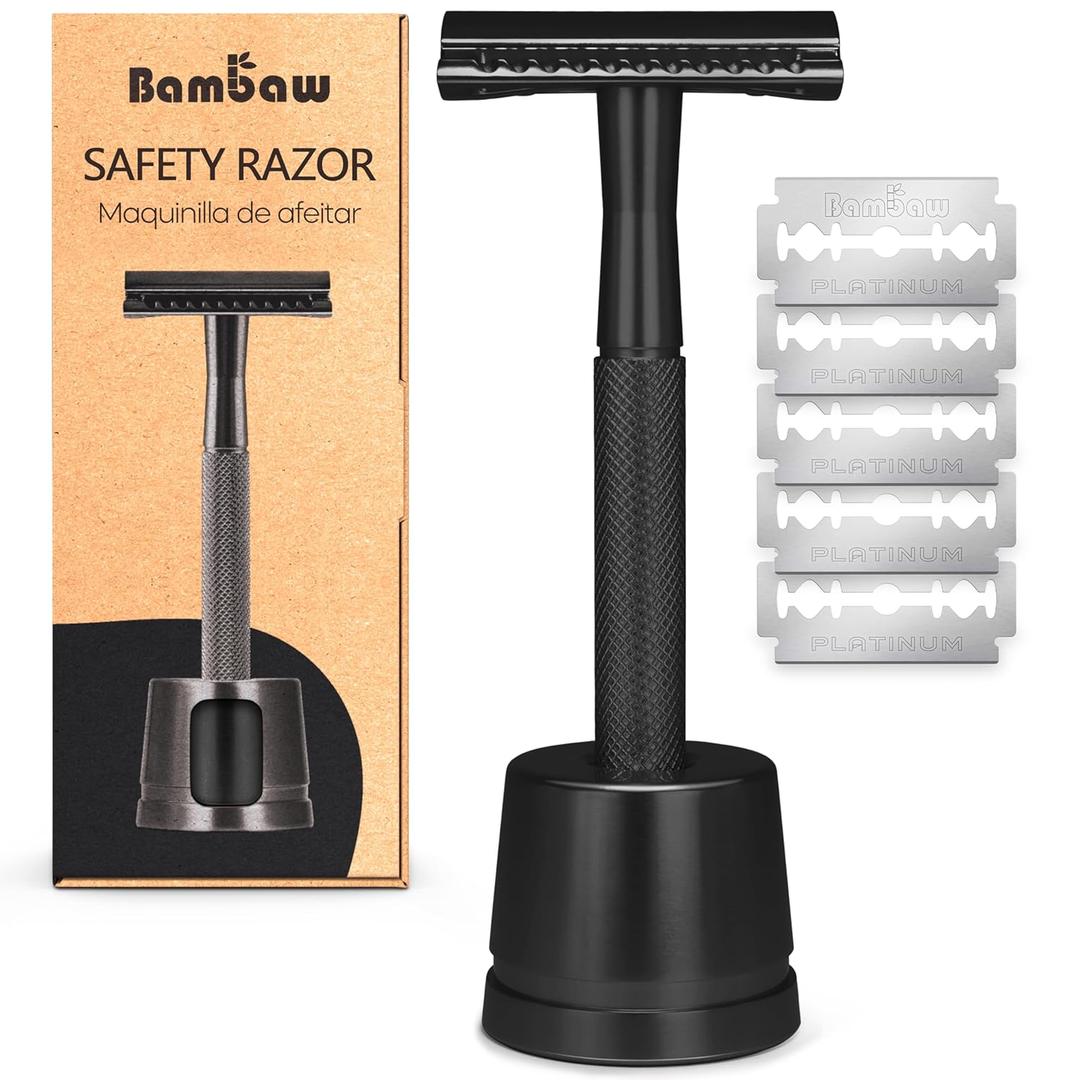 Bambaw Double Edge Safety Razor with 5 Safety Razor Blades, Single Blade Razor for Men with Razor Stand, Double Edge Razor, Safety Razors for Men - Black