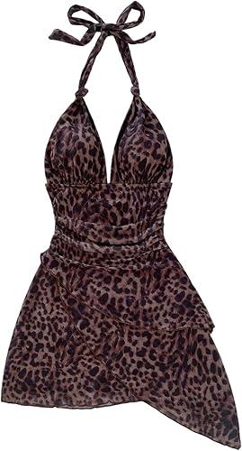 SOLY HUX Women's Sexy Tie Dye Print Halter V Neck Mini Dress Retro Backless Fitted Bodycon Dresses (Dark Brown Leopard, XS)