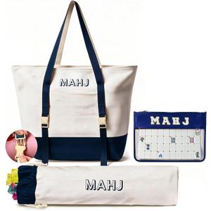 Mahjong Tile Bag and Rack Bag 3-Piece Set, Canvas Tote,Dark Blue