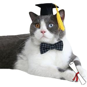 2 x FLAdorepet Dog Graduation Caps with Bow Tie Necktie Pet Graduation Hats with Yellow Tassel Cat Graduation Costume Outfits Accessory for Dogs Cats (S(Suit for 5-20LBS), Black)