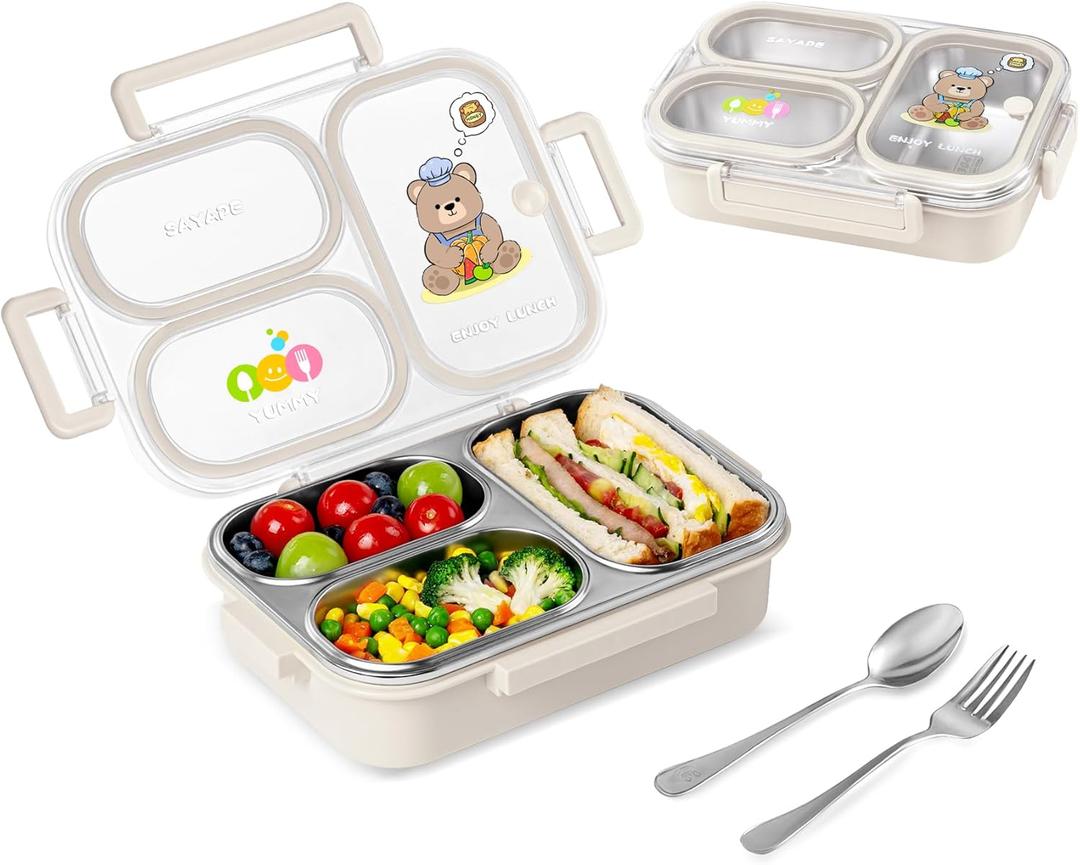Stainless Steel Bento Lunch Box for Kids, 26.4 oz Leak-Proof 3-Compartment Metal Bento Box, BPA-Free, Cute Cartoon Meal Prep Snack Container with Utensils for School, Office, Travel - Beige Stainless Steel Bento Lunch Box for Kids, 26.4 oz Leak-Proof 3-Compartment Metal Bento Box, BPA-Free, Cute Cartoon Meal Prep Snack Container with Utensils for School, Office, Travel - Beige