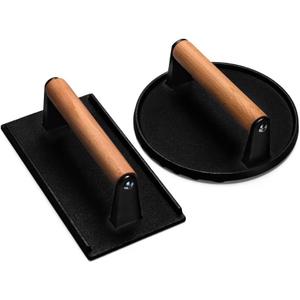 Burger Press, 7" Round & 8.2"X4.3" Rectangle Heavy-Duty Cast Iron Smash Bacon Press Meat Steak With Wood Handle for Griddle, Sandwich, Nonstick Pan (68.08 Ounce (Pack of 1))