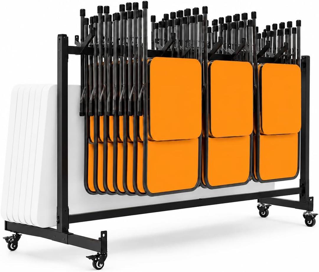 Folding Chair Rack & Cart with Wheels, Single Layer Rolling Chair Holds Up to 42 Folding Chairs or 6 Folding Tables, Heavy Duty Commercial Chair Dolly for Church, School, Banquet Hall, Event Center, 72 x 42 x 33.6 inches