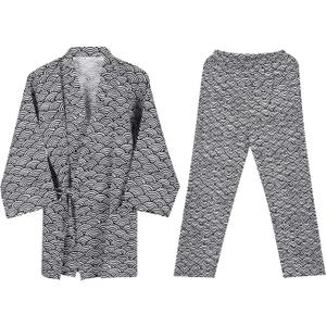 Ibluelover Kimono Robe for Both Men and Women Bathrobe Sleepwear Nightgown Unisex (Black & White Wave Set)