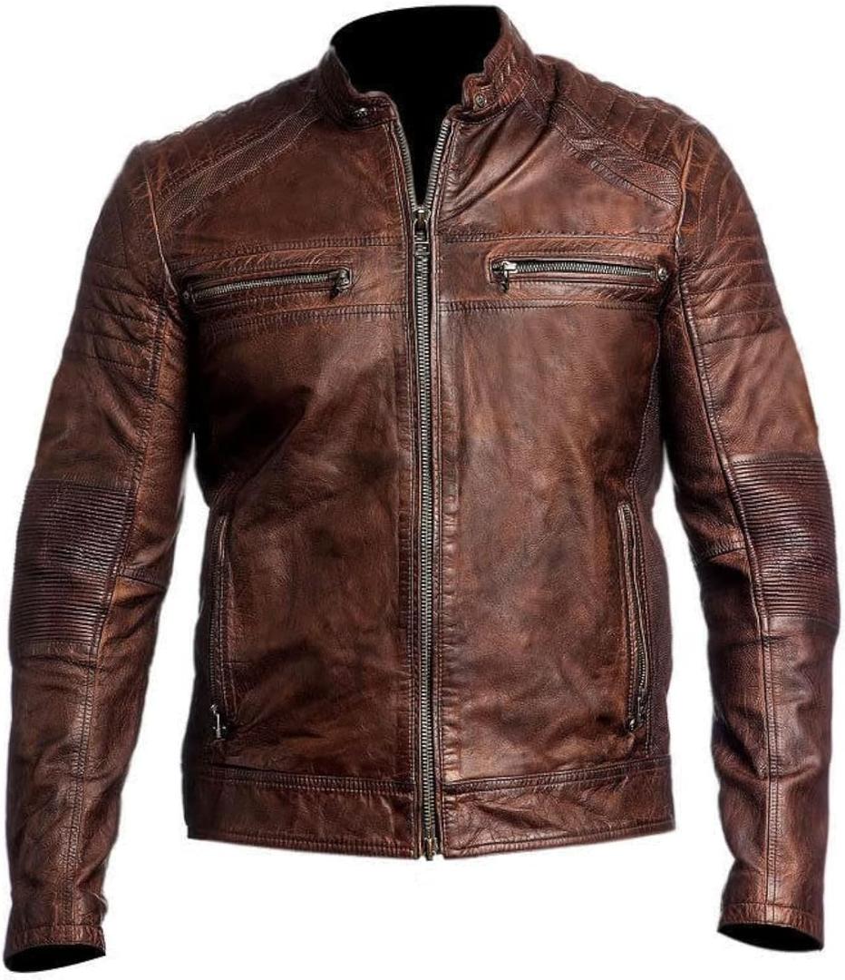 DECIMAL Men's Black & BROWN Genuine Lambskin Leather Biker Jacket VINTAGE REAL MOTORCYCLE JACKETS FOR MEN (X-Large, Distressed Brown)