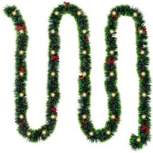 16.4 Ft Christmas Tinsel Garland, 1 Pack Dark Green Tip Metallic Garland with 50 Warm LED Lights, Artificial Xmas Garland for Indoor Outdoor Christmas Tree Decoration, Holiday Party Supplies