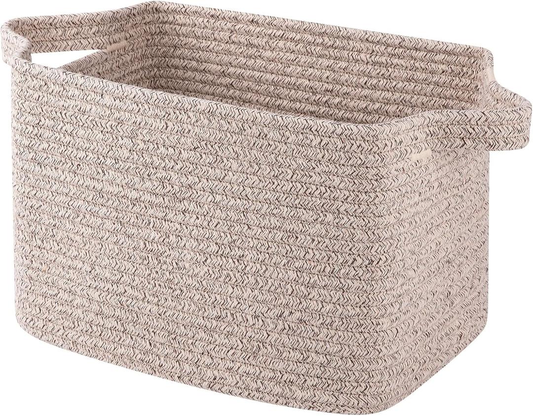 OIAHOMY Cotton Rope Woven Storage Baskets for Shelves, Rectangle Storage Bins with Handles, Towel Basket - 13"9.85"8.7", Brown