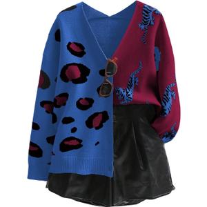 WDIRARA Women's Leopard Tiger Print Cardigan V Neck Long Sleeve Color Block Button Down Sweater Outwear (Medium, Purple and Blue)