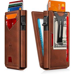 Wallet for Men, Slim Minimalist Wallet with Money ClipID Window, RFID Blocking Pop-Up Credit Card Holder, Smart Auminum Mens Wallet Holds 9-13 Cards (Gift Box) (Red Brown)
