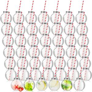 Yaomiao 48 Pcs 10 oz Mini Plastic Fish Bowl Ornament Cups for Drinks Clear Spherical Potion Bottles with Lids and Straws Bulb Cups for Christmas Carnival Candy Party Decorations (Red), 3.35 X 3.58 Inches