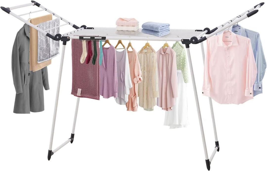 Clothes Drying Rack, Gullwing Laundry Rack, Collapsible, Space-Saving Laundry Rack, with Sock Clips, for Clothes, Towels, Linens, Indoor/Outdoor (68.9*23.6*42.5in-Grey)