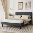 Sweetcrispy Queen Size Wood Bed Frame - Linen Upholstered Platform Bed with Headboard, No Box Spring Needed with 800LBS Sturdy Wooden Slats Support, Noise Free, Easy Assembly, Dark Grey