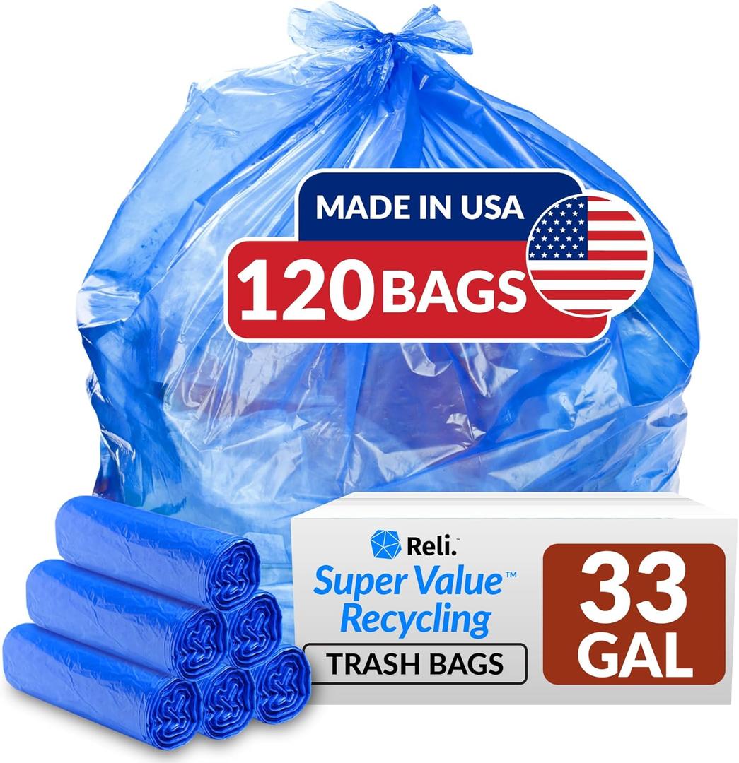 Reli SuperValue 33 Gallon Recycling Bags (120 Count) Made in the USA - Blue Trash Bags, 30-33 Gallon | Recycling, Garbage | 33Gal with 30Gal - 35Gal Capacity